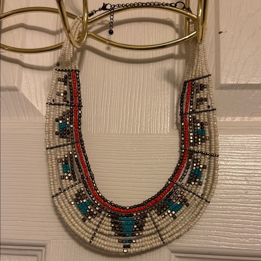 Handcrafted Beaded Necklace - White, Red, Blue